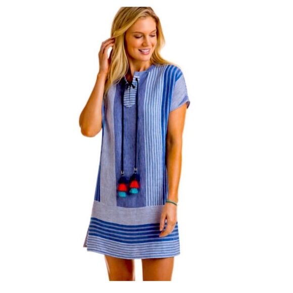 Vineyard Vines Dresses & Skirts - Vineyard Vines Linen Striped Tassel Shift Dress‎ in Dazzling Blue Sz 00 Womens